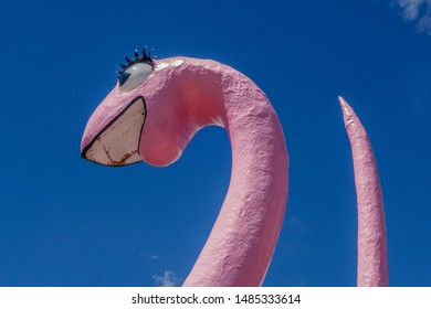 Vernal, Utah / USA - August 24, 2017:  Big Pink Dinosaur With Long Eyelashes  Is An Iconic Landmark In The Fracking/oil Town In Eastern Utah.