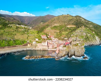 Vernazza aerial panoramic view. Vernazza is a small town in Cinque Terre national park, La Spezia province in Liguria Region, northern Italy