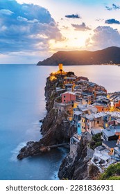 Vernazza in Cinque Terre, Italy at sunset. Popular tourist destination in Liguria coast.