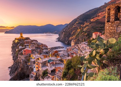Vernazza, La Spezia, Liguria, Italy in the Cinque Terre region at dusk.