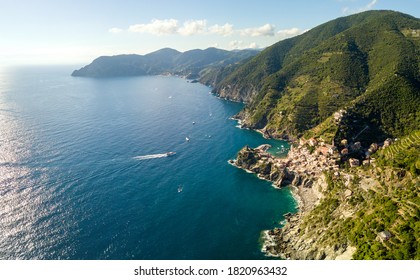 Vernazza Village In Cinque Terre, Italy, Aerial Drone View