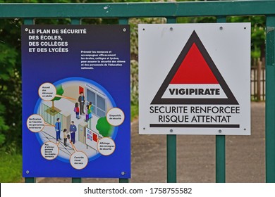 Verneuil Sur Seine , France - May 18 2020 : A Sign Of Assassination Attempt Risk In A School