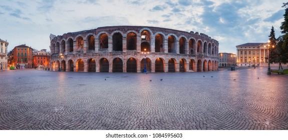 Verona amphitheatre skyline panorama at sunrise. Roman Arena in Verona, Italy
