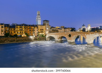 Verona. Bridge St. Peter At Night.