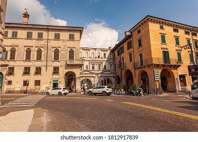 VERONA, ITALY 10 SEPTEMBER 2020: Porta Borsari in Verona; an ancient building in the famous and historical city in Italy