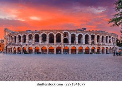 Verona, Italy. The Verona Arena, Roman amphitheatre in Piazza Bra at sunrise.
