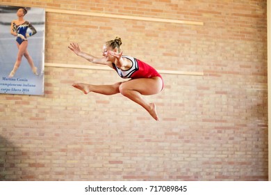 Verona, Italy - August 24, 2017: Sports section on artistic gymnastics. Daily training of children 2002 - 2008