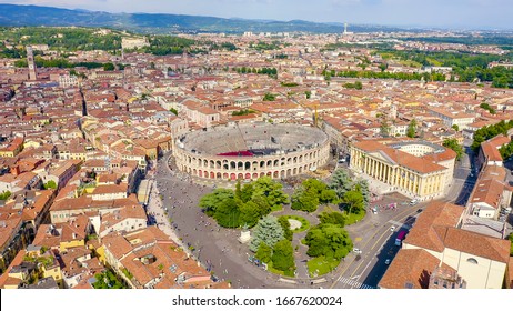 Verona, Italy. Flying over the historic city center. Arena di Verona, summer, Aerial View  
