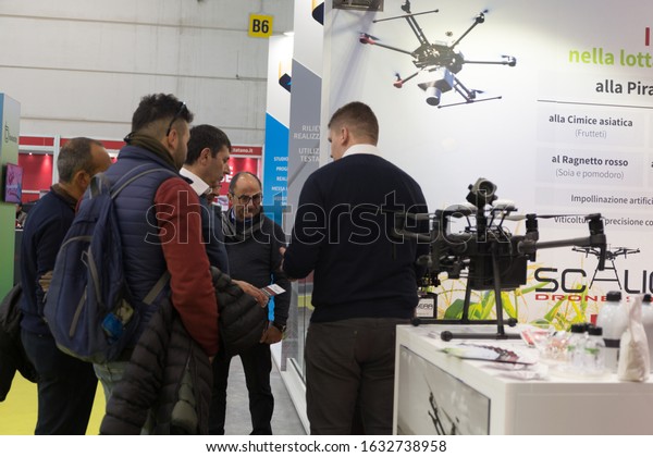 VERONA, ITALY, JANUARY 31 2020:  the\
Fieragricola 114th International Agricultural Technologies Show,\
exhibition stand of the biological fight with\
drones