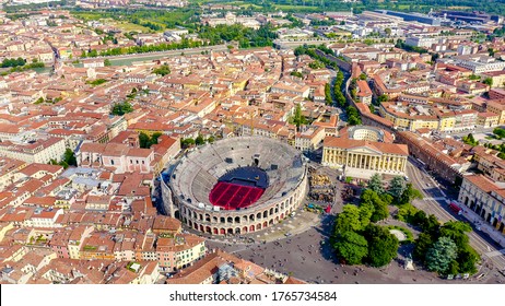 Verona, Italy - July 15, 2019: Flying over the historic city center. Arena di Verona, summer, Aerial View
