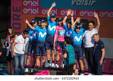 Verona, Italy June 2, 2019: All the Movistar Team celebrates on the stage of the Arena of Verona the victory of the Tour of Italy after 21 days of tough competition.
