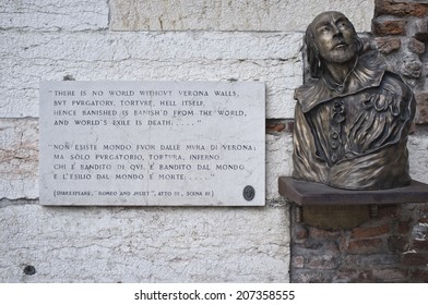 VERONA, ITALY - OCTOBER 19, 2012; Photo Of William Shakespeare Bust And Plaque Dedicated To The City Of Verona