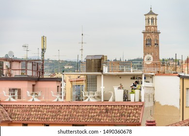 VERONA, ITALY - OCTOBER 26, 2017: A Barman At A Rooftop Bar Preparing Drinks In Verona, Italy.