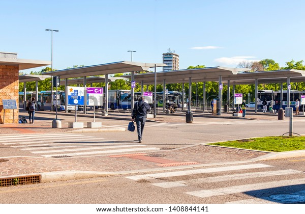 Verona, Italy,
on April 27, 2019. City bus
station