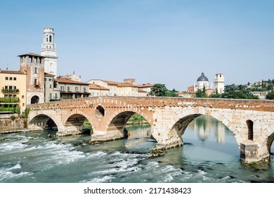 Verona, Italy - The Pietra Bridge Is The Oldest Bridge In Verona Over The Adige River, The Only One Left From Roman Times.