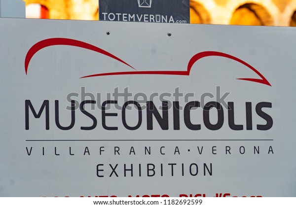 Verona, Italy - September 5, 2018: Banner of\
the Italian Museo Nicolis, private museum collecting vintage cars\
and motorcycles, bicycles, musical instruments, small aircraft,\
cameras and typewriters