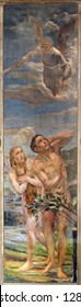 VERONA - JANUARY 27: Fresco of expulsion of Adam and Eva from Paradise  by Agostino Pegrassi from year 1932 in San Bernardino church and Canossa chapel on January 27, 2013 in Verona, Italy.
