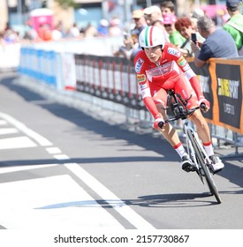 Verona, VR, Italy - June 2, 2019: Last stage Tour of Italy called Giro d Italia is a famous cycling race with MASNADA FAUSTO professional cyclist with helmet