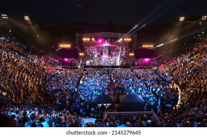Verona, VR, Italy - June 5, 2017: Live concert in the Arena with people with a lot of italian artist