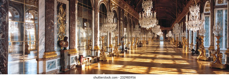 Versailles, France - 10 August 2014 : Hall of mirrors at Versailles Palace ( Chateau de Versailles ). It was added to the UNESCO list of World Heritage Sites.