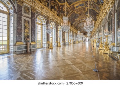VERSAILLES, FRANCE - APRIL 18, 2015 : The hall of mirrors (Galerie des glasses) in the central wing of Palace of Versailles, the residence of the sun king Louis XIV.