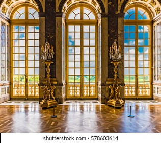 VERSAILLES, FRANCE - MAY 25 2016: Windows with the view at the Royal Palace of Versailles in France. The Royal Palace of Versailles is on the UNESCO World Heritage List.