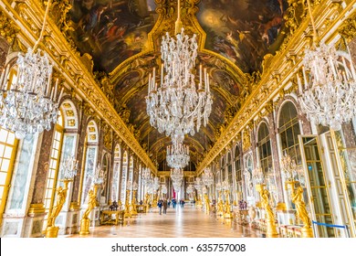 VERSAILLES, FRANCE - MAY 25 2016: The Hall of Mirrors (Galerie des Glaces) of the Royal Palace of Versailles in France. The Royal Palace of Versailles is on the UNESCO World Heritage List.