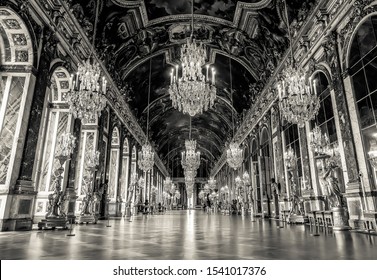Versailles, France-September 26, 2017 ; Black and White Hall of Mirrors in the palace of Versailles, France.