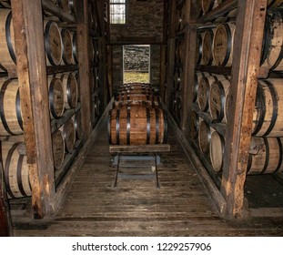 Versailles, KY / USA - 11/9/2018: Barrels Of Bourbon Aging At The Woodford Reserve Distillery