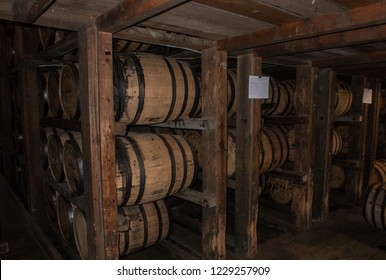 Versailles, KY / USA - 11/9/2018: Barrels Of Bourbon Aging At The Woodford Reserve Distillery