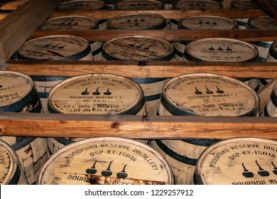 Versailles, KY / USA - 11/9/2018: Barrels Of Bourbon Aging At The Woodford Reserve Distillery