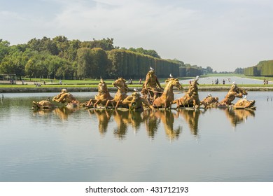 VERSAILLES, PARIS, FRANCE, EU - SEPTEMBER 27, 2013: XVII Century By Jean Baptiste Tubi , Group Of Apollo And His Chariot, Gardens Of Versailles , Central Pond