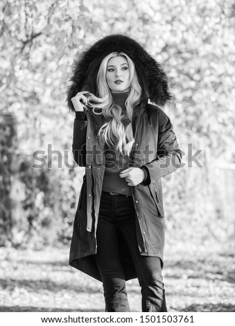 Similar – fashion autumn portrait of young happy woman walking outdoor