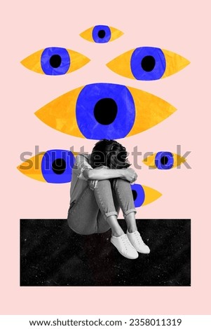 Vertical 3d collage creative template of sitting floor crying depressed girl eyes society watching her fails isolated on pink background
