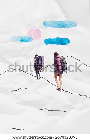 Vertical 3d collage poster of two girls wear rucksack karemat wanderlust hiking concept wild summer vacation tour recreation