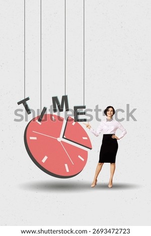Vertical 3d creative poster art collage of happy businesswoman stand point timepiece clock expire limit time management deadline