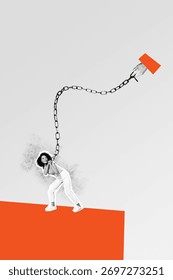 Vertical 3d design trend artwork collage of happy girl carry metal chain trap hand boss control burden trap struggle difficulty