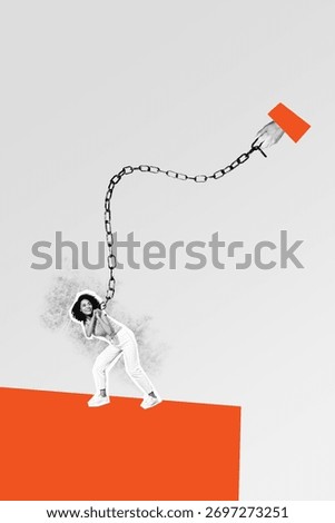 Vertical 3d design trend artwork collage of happy girl carry metal chain trap hand boss control burden trap struggle difficulty