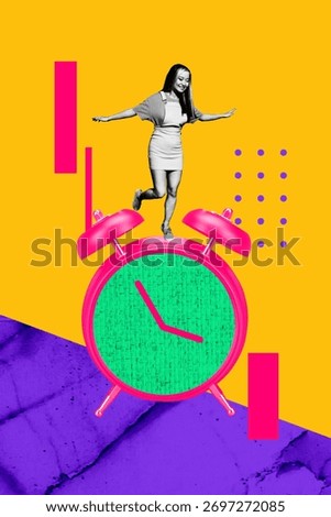 Vertical 3d image trendy poster collage of happy businesswoman stand alarm clock expire limit interval time management concept
