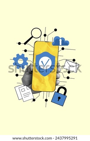 Vertical 3d photo collage of hand hold phone options settings message magnifier antivirus cloud storage lock isolated on painted background