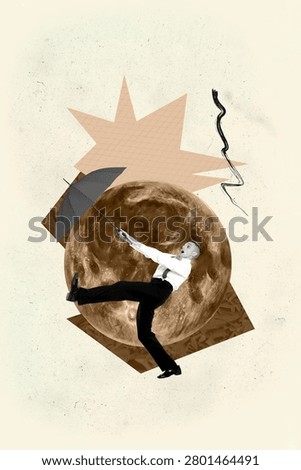 Vertical 3d poster art collage of happy girl guy stand space galaxy moon planet cosmos discovery outer-space painting astronomy.