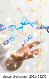 A vertical 3d rendering of a doctor holding DNA symbols on a white background