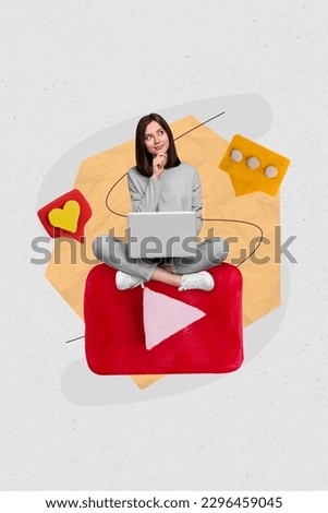 Vertical abstract collage photo of thoughtful pretty girl sit on youtube icon think how to spend free time isolated painted background