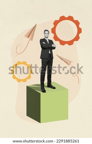 Vertical abstract creative photo collage of successful businessman standing on cube platform hands crossed isolated drawing background