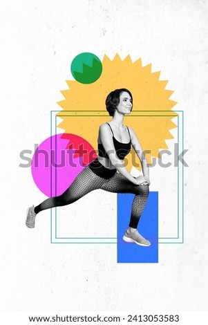 Vertical abstract photo collage poster of motivated calm sportswoman do exercise fitness warmup at gym bodycare on geometric background