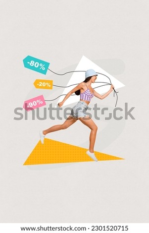 Vertical advertisement photo collage of hurry running girl carry ropes pricetags big percent discount shopaholic isolated on grey background