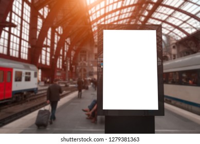 Vertical Advertising Billboard With Empty Mockup On Train Station Near People.