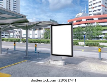 Vertical Advertising Poster Mockup At Empty Bus Stop Shelter By Main Road. Out-of-home OOH 6 Sheet Billboard Media Display Space In City