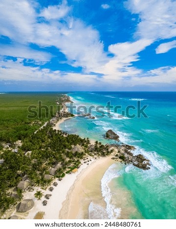 Vertical aerial view of blue sea crashing onto the Caribbean coastline of Tulum Beach in Quintana Roo, Mexico lined by secluded luxury resorts, palm trees and lush tropical forest on a sunny day