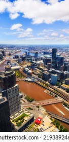 Vertical Aerial View Of City Of Melbourne Yarra River Banks High-rise Towers - Urban City Architecture.